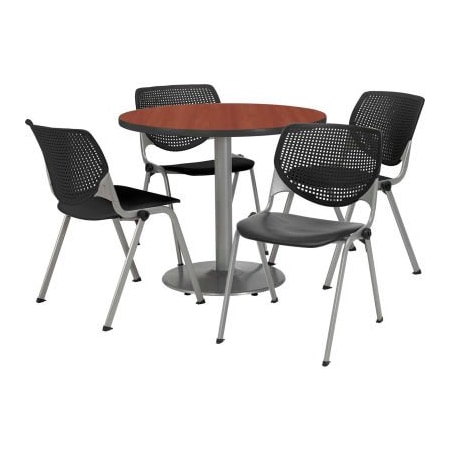 Kfi 42" Round Dining Table & Chair Set, Mahogany Table With Black Plastic Chairs T42RD-B1922SL-MH-2300-P10